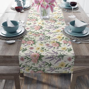 Floral Cotton Table Runner, Spring Decor, Wedding Table Decoration, Boho Style Dining Accessory, Country Chic Event Decor