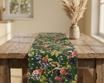 Blackberry Floral Table Runner | Green Berry Pattern Cotton-Poly