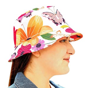 Colorful Floral Bucket Hat, Trendy Summer Fashion, Cute Gift for Nature Lovers, Festival Accessory, Butterfly Print