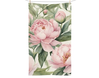 Hand Towel, Floral Peony Design | Garden Bathroom Decor, Feminine Soft Pink Flowers, Romantic Summer Gift, Shabby Chic Hand Towel