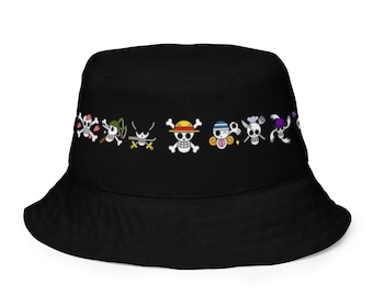 May include: Black bucket hat with a white band featuring a row of colorful skull and crossbones symbols.