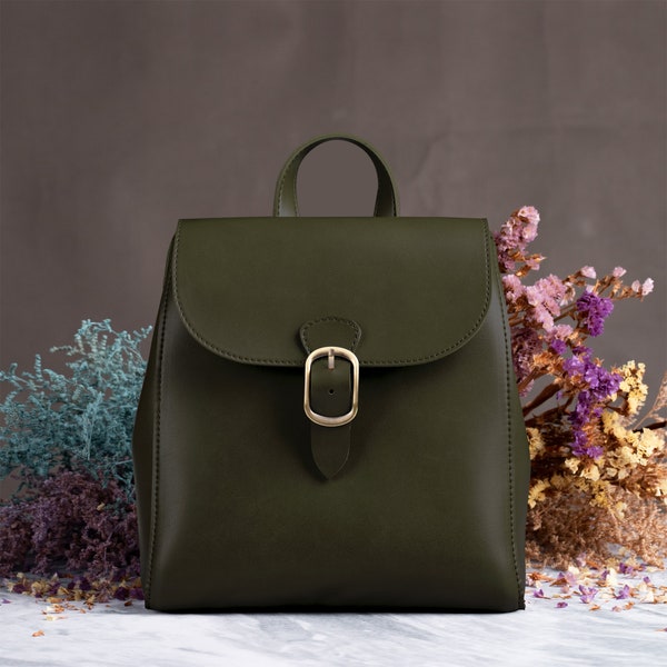 Vintage Vegan Leather Flap 3 Way Convertible Backpack For Women (Olive Green) Simple Lady handbag Classic Retro Casual Daypack Purse