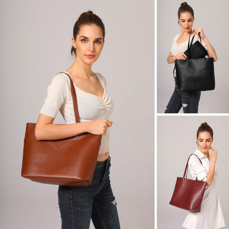 Vintage Vegan Leather Tote Bag For Women Black Simple Shoulder Handbag Retro Classic A4 Purse image 9