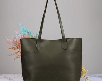 Vintage Vegan Leather Tote Bag For Women (Olive Green) Simple Shoulder Handbag Retro Classic A4 Purse