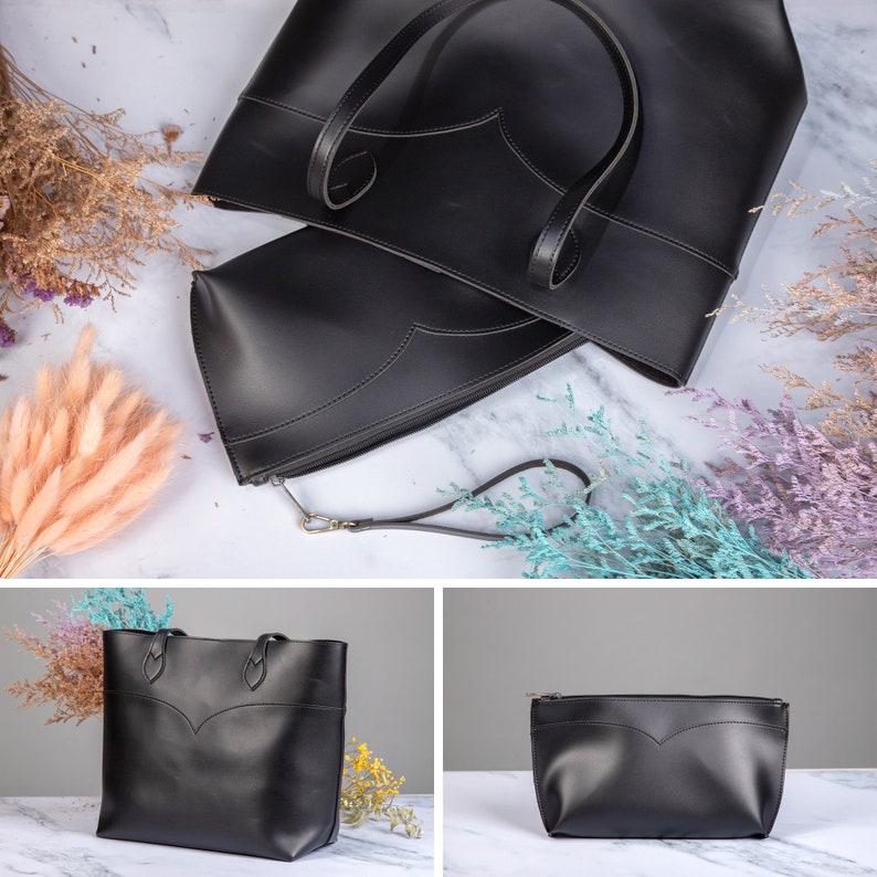 Vintage Vegan Leather Tote Bag For Women Black Simple Shoulder Handbag Retro Classic A4 Purse image 2