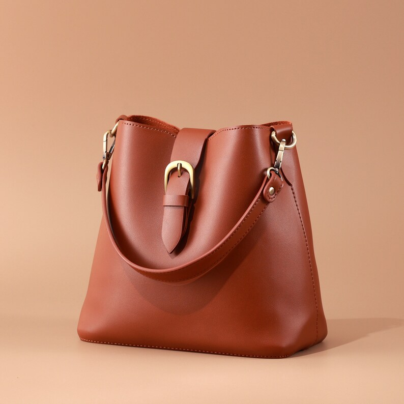 Vintage Vegan Leather Town Bucket Bag For Women Camel Light Brown Lady Simple Classic Shoulder Handbag Hobo Retro Faux Casual Purse image 3