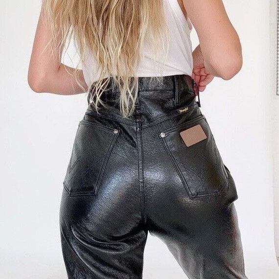 Vintage 1980s Wrangler Womens Black Leather Pleather High Waisted