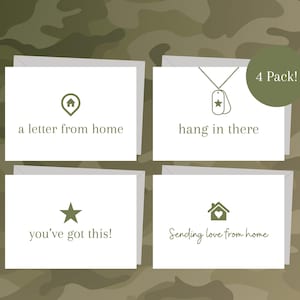 May include: Set of four blank greeting cards with green icons and text. The cards feature the phrases "a letter from home", "hang in there", "you've got this!" and "Sending love from home". The text "4 Pack!" is in a green circle in the upper right corner.