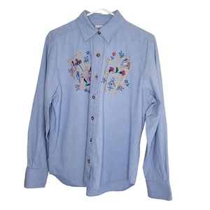 Vintage BonWorth blue denim embroidered button blouse flowers birds birdhouse M