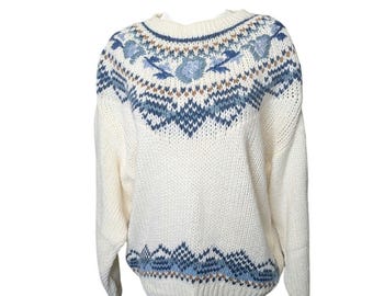 Vintage Huntington Ridge hand knitted fair isle cotton blend sweater ivory Med