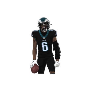 May include: A football player wearing a black and green uniform with the number 6 on the front. He is wearing a helmet and holding a football.