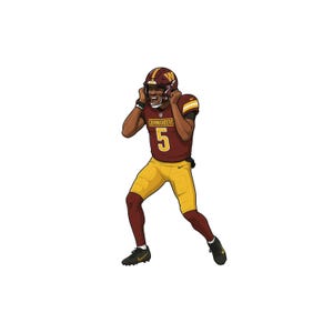 May include: Illustration of a football player in a burgundy and gold uniform with the number 5. The player is wearing a helmet and is in a celebratory pose. The word "Commanders" is visible on the jersey.