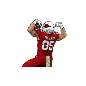 Può includere: Un'illustrazione di un giocatore di football americano in stile cartone animato che indossa una maglia rossa e bianca con il numero 85 e il nome McBride. Il giocatore sta tenendo un pallone da football e ha un'espressione determinata sul viso.