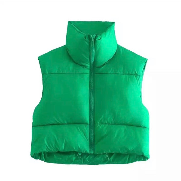 Nouveau gilet bouffant pour femme, fermeture éclair, col montant, sans manches, léger, rembourré, court, matelassé, manteau chaud d'hiver