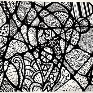 May include: Black and white abstract art piece with a variety of patterns and shapes. The artwork features a network of interconnected shapes filled with different designs, including swirls, triangles, and floral motifs. The piece is a detailed, hand-drawn illustration.