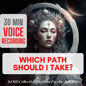 Könnte beinhalten: Eine digitale Grafik mit einer Person mit kunstvollem Kopfschmuck und Ohrringen vor einem dunklen, himmlischen Hintergrund. Der Text lautet: 30 MIN VOICE RECORDING, WHICH PATH SHOULD I TAKE? und KORECollective Decision Psychic Reading.