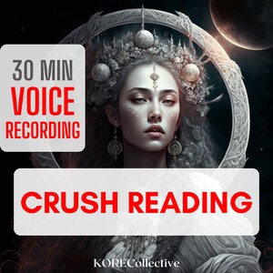 Peut inclure: Une illustration numérique d'une femme portant une couronne de fleurs sur fond céleste. Le texte "30 MIN VOICE RECORDING CRUSH READING" est en lettres rouges sur fond blanc.