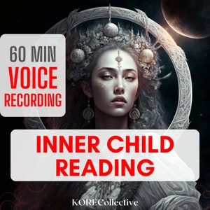 May include: A white and silver crown with a woman's face in the center. The woman has a silver star on her forehead and is wearing a silver necklace and earrings. The background is a dark blue with a white moon. The text "60 MIN VOICE RECORDING INNER CHILD READING KORECollective" is on the image.