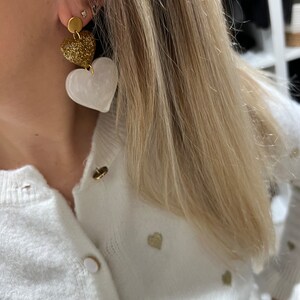 Gold and pearly white heart earrings image 1