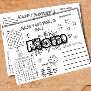Manteles individuales imprimibles para el Día de la Madre, Mantel individual para colorear imprimible, Actividades para niños, Actividad de brunch, Regalo para mamá, Actividad escolar del Día de las Madres