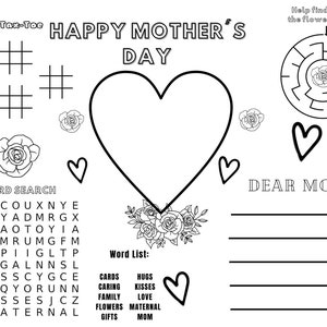Manteles individuales imprimibles para el Día de la Madre, Mantel individual para colorear imprimible, Actividades para niños, Actividad de brunch, Regalo para mamá, Actividad escolar del Día de las Madres