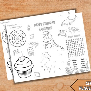 Personalized Mermaid Birthday Party Kids Coloring Placemat Printable