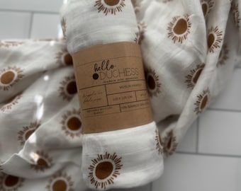 Neutral Sunburst Bamboo Muslin Swaddle | Boho Baby Blanket