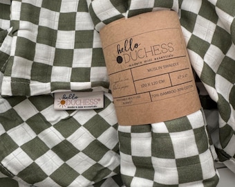 Olive Gingham Muslin Swaddle Blanket: Bamboo Cotton Baby Receiving Blanket