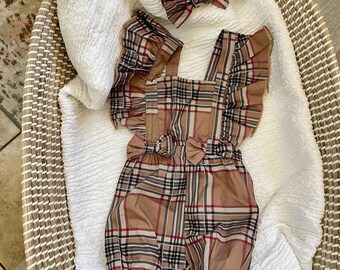 Baby Plaid Romper & Headband Set | Ruffle Detail, 0-3 Months
