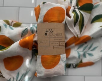 Clementine Bamboo Muslin Swaddle Blanket | Modern Citrus Print