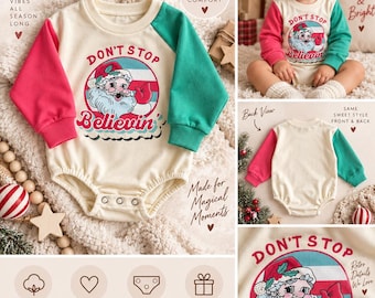 Retro Santa Baby Romper, Don't Stop Believin' Holiday Bodysuit, Color Block Christmas Outfit