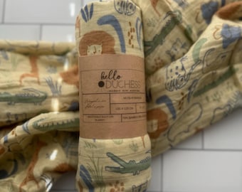 Safari Adventure Bamboo Muslin Swaddle | Gender-Neutral Baby Blanket | Soft + Breathable | Hello Duchess