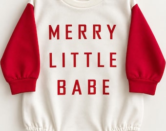 Merry Little Babe Christmas Romper | Red Sleeves, Cream Body (Baby Holiday Outfit)