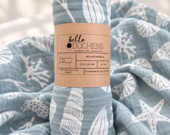 Bamboo Muslin Swaddle Blanket | Coastal Sea Shell Design (47x47)