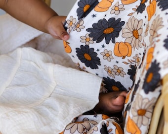 Fall Pumpkin Floral Muslin Swaddle Blanket: Soft Bamboo Cotton Baby Blanket