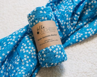 Blue Floral Muslin Swaddle Blanket: Breathable Cotton Baby Receiving Blanket