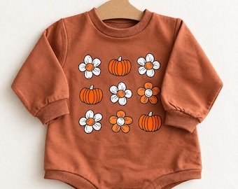 Rust Baby Romper | Pumpkin Floral Graphic, Long Sleeve Onesie (Fall Outfit)
