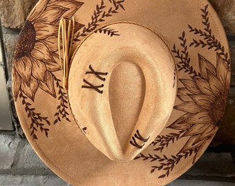 Custom Hand-Burned Wildflower Cowboy Hat, Suede Boho Western Hat