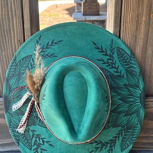 Embellished Wide-Brim Hand Painted Straw Hat with Teal Feather Design_M Teal Straw Hat - Etsy main image 4