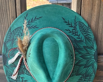 Custom Wildflower Cowboy Hat: Hand-Burned Teal Suede Western Hat