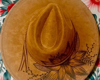 Custom Wildflower Suede Cowboy Hat: Hand-Burned Boho Western