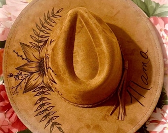 Custom “Mama Wildflowers” Boho Hat – Personalized Hand-Burned Suede Cowboy Hat