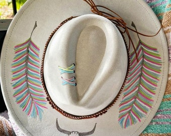 Custom Painted Feather Faux Suede Boho Western Hat