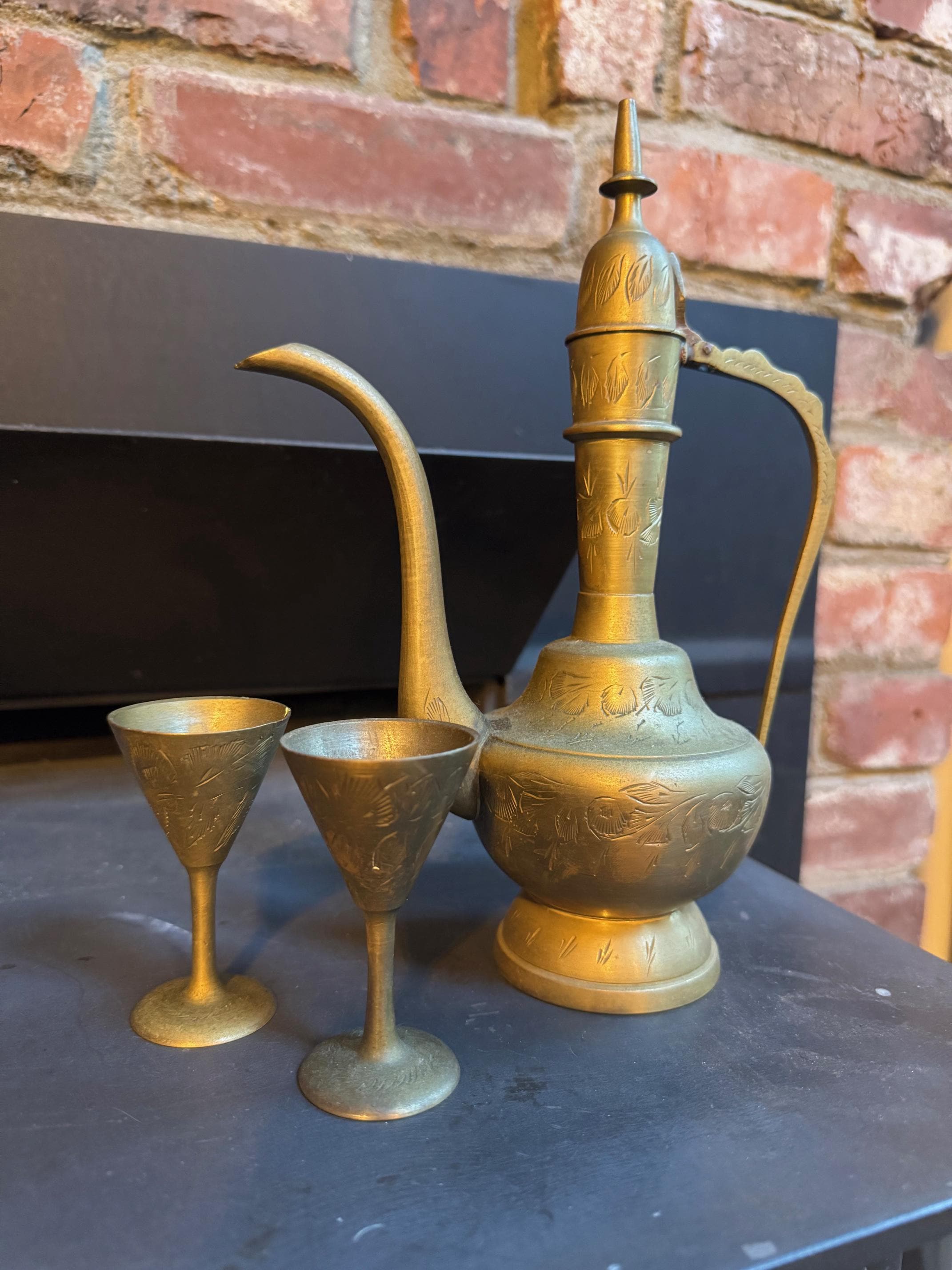 Vintage India Etched Brass Surahi Aftaba Dallah Tea Pot Set - Etsy