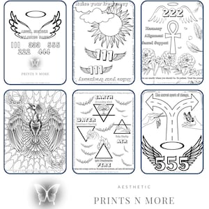 May include: Set of 8 printable coloring pages featuring angel numbers, elements, and spiritual symbols. The pages include numbers 111, 222, 333, 444, and 555, as well as the elements of earth, water, fire, and air. The pages are black and white and feature intricate designs.