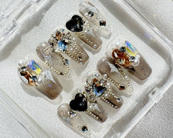 Crystal Heart Press-On Nails | Iridescent Gems, Handmade Reusable Set