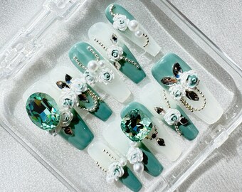 Handmade Rose Pearl Press-On Nails | Elegant Rhinestone Long Nails