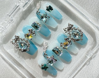 Icy Blue Ombre Crystal Charm Press-On Nails: Handmade Reusable Set