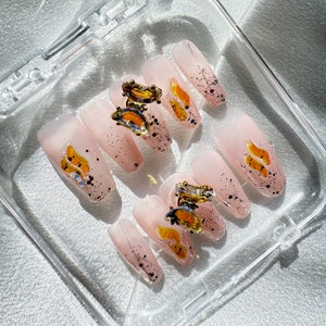 Glitter Spinning Butterfly Dream Nails | Pink Orange | Press-Ons | Reusable Set | Handmade | Fun Nails | Spinning | Twisting