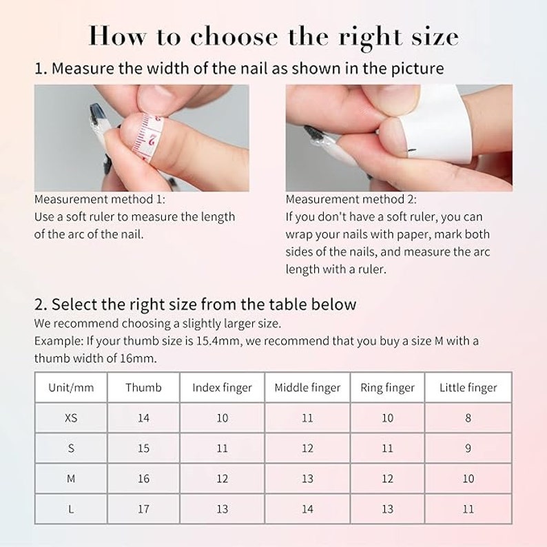 May include: A chart showing how to measure your finger size for rings. The chart includes measurements in millimeters for thumb, index finger, middle finger, ring finger, and little finger. The chart includes sizes XS, S, M, and L.